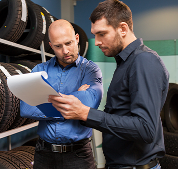 Two men looking at a clipboard standing next to a row of tires